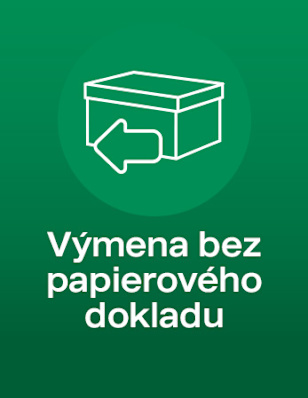 Green background, icon of a package with an arrow. Below it says: “Výmena bez papierového dokladu”