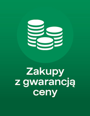 Green background with a white icon of stacked coins inside a circle. Visible text reads: “Zakupy z gwarancją ceny.”