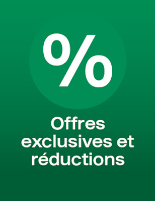 The image shows a green panel with a percentage symbol and the Spanish text: “Ofertas exclusivas y descuentos”, highlighting promotional benefits.