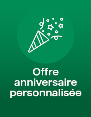 Party popper icon: “Offre anniversaire personnalisée”.
