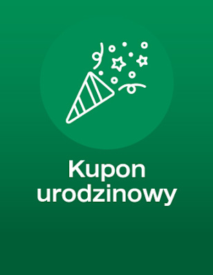 Green background with a white icon of a party popper inside a circle. Visible text reads: “Kupon urodzinowy.”