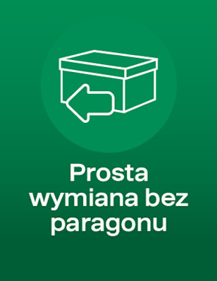 Green background with a white icon of a box with an arrow inside a circle. Visible text reads: “Prosta wymiana bez paragonu.”