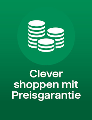 A green background with a stack of coins icon. The text reads: „Clever shoppen mit Preisgarantie“.