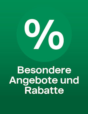 A green background with a percentage icon. The text ready: „Besondere Angebote und Rabatte“.