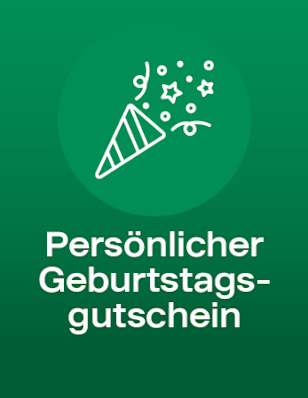 A green background with a party popper icon. The text reads: „Persönlicher Geburtstagsgutschein“.