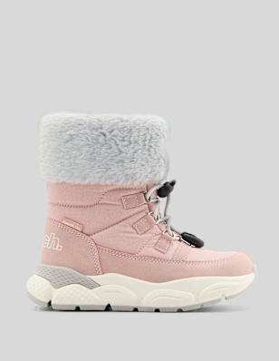 Pink winter boot with thick white sole and gray faux fur lining on a light gray background.