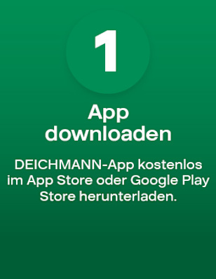Grüner Hintergrund mit einer großen Zahl „1“ und dem Text: App downloaden – DEICHMANN-App kostenlos im App Store oder Google Play Store herunterladen.
