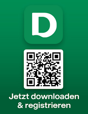 Grüner Hintergrund mit großem „D“-Symbol, QR-Code und dem Text: Jetzt downloaden & registrieren.