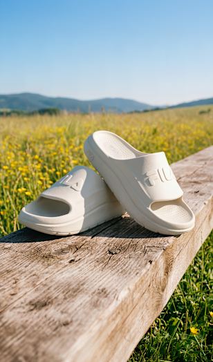 White slide sandals placed on a wooden surface in a blooming field landscape.