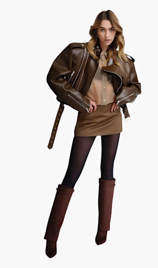 Brown knee-high boots featuring a pointed toe and folded-over shaft, paired with black tights, a brown mini skirt, a beige blouse, and a dark brown leather jacket.