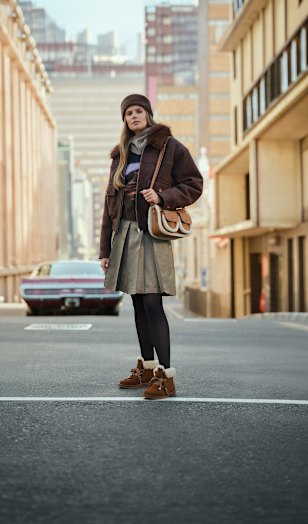 Person standing on a city street, wearing a brown jacket with a fur-trimmed collar, a knit hat, a pleated skirt, dark tights, and brown ankle boots with fleece lining. A vintage car is visible in the background.