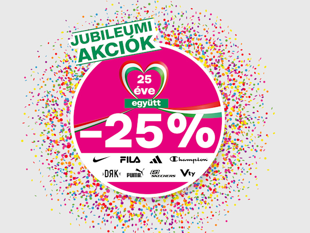 Promotional anniversary graphic on a light grey background, surrounded by colorful confetti. A large pink circular badge displays a white “-25%” discount message. Above the discount, a heart-shaped anniversary logo contains the Hungarian text “25 éve együtt” (25 years together), with red, white, and green ribbon elements extending across the badge. A green banner at the top reads “JUBILEUMI AKCIÓK” (Anniversary Offers). At the bottom of the badge, a white section features brand logos including Nike, FILA, adidas, Champion, Dorko, PUMA, Skechers, and Vty, indicating that the offer applies to selected brands.