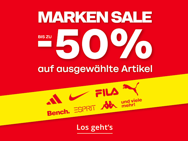 Promotional sale banner with a red background and the headline “MARKEN SALE” (Brand Sale). A yellow diagonal band across the center features multiple brand logos, including Adidas, Nike, Fila, Puma, Bench, Esprit and Kappa, alongside the text “und viele mehr!” (“and many more”). The main message highlights “Up to 50% off selected items” in large white lettering. The design emphasizes discounted prices on well-known brands.