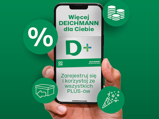 A hand holding a smartphone against a green background, displaying the Deichmann Plus (D+) programm. Surrounding the phone are green icons, a percentage sign, coins, a box, and a party popper. The text on the phone reads: “Więcej DEICHMANN dla Ciebie D+ Zarejestruj się i korzystaj z wszystkich korzyści.”