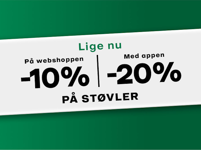 Et grønt banner med et hvidt skilt i midten hvor der står at du får 10% eller 20% på støvler