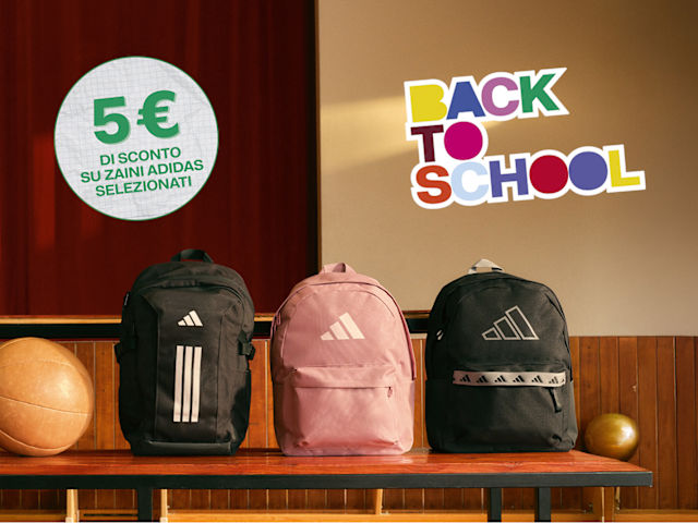 Adidas backpacks displayed with a “Back to School” sign and a promotional discount message.