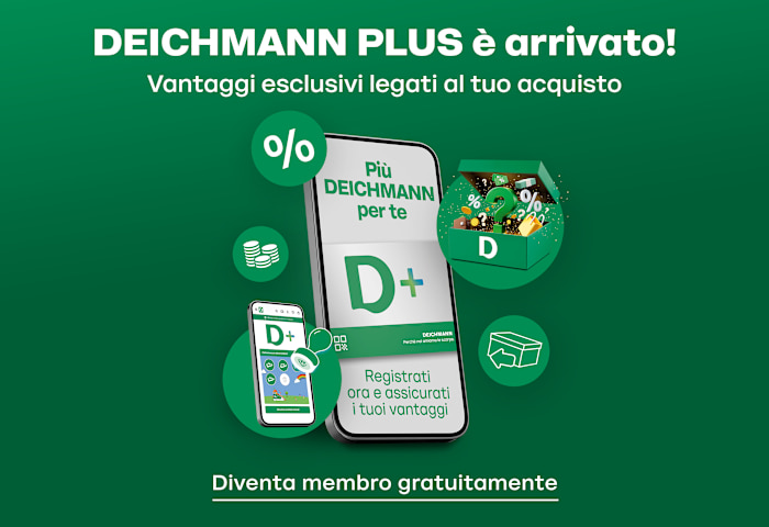 Smart phone and D+ Screen and icons and the text: DEICHMANN PLUS è arrivato! 
Vantaggi esclusivi legati al tuo acquisto
Più DEICHMANN per te
DEICHMANN Perché noi amiamo le scarpe.
Registrati ora e assicurati i tuoi vantaggi
Diventa membro gratuitamente