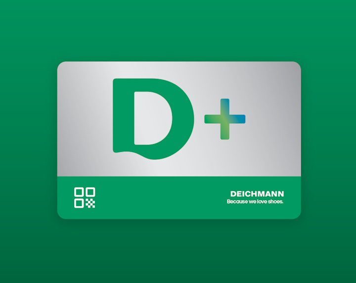 A silver and green DEICHMANN D+ card is displayed on a green background.