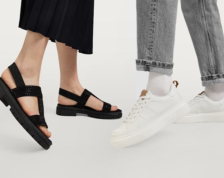black sandals and white sneakers on white background