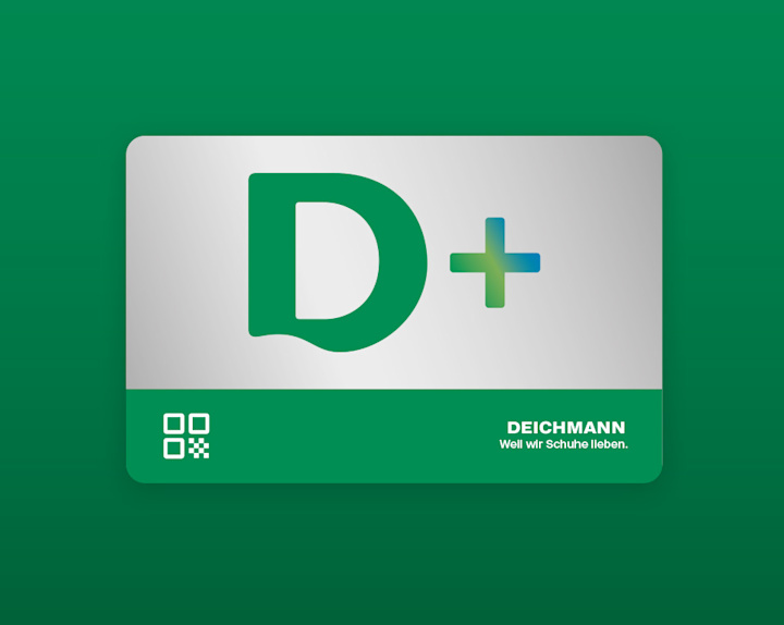 A silver and green D+ membership card is shown on a green background. The text reads: „D+ – DEICHMANN – Weil wir Schuhe lieben.“