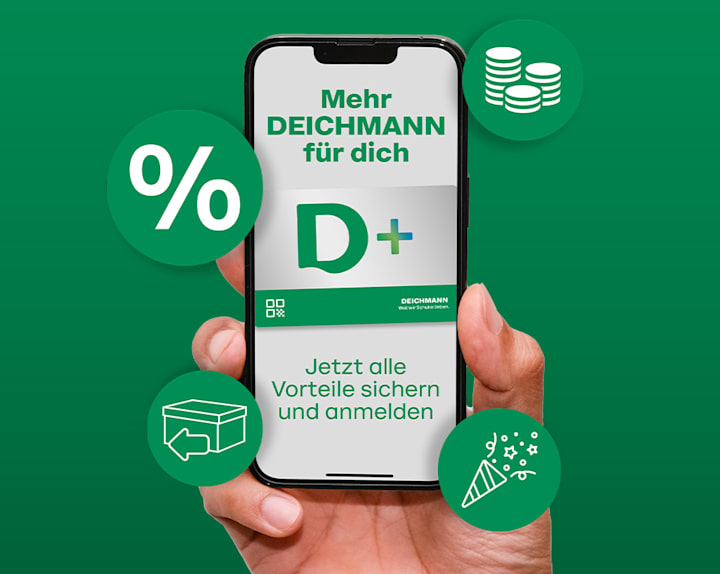 A hand holds a smartphone with D+ advantages displayed, surrounded by icons for discounts, coins, exchange, and celebration. The text reads: „Mehr DEICHMANN für dich – D+ – Jetzt alle Vorteile sichern und anmelden“.
