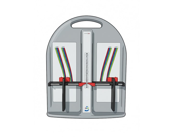 Gray sizing device with two adjustable clamps, a central measurement scale, and colorful size charts on both sides. Visible logo: “SWI.”