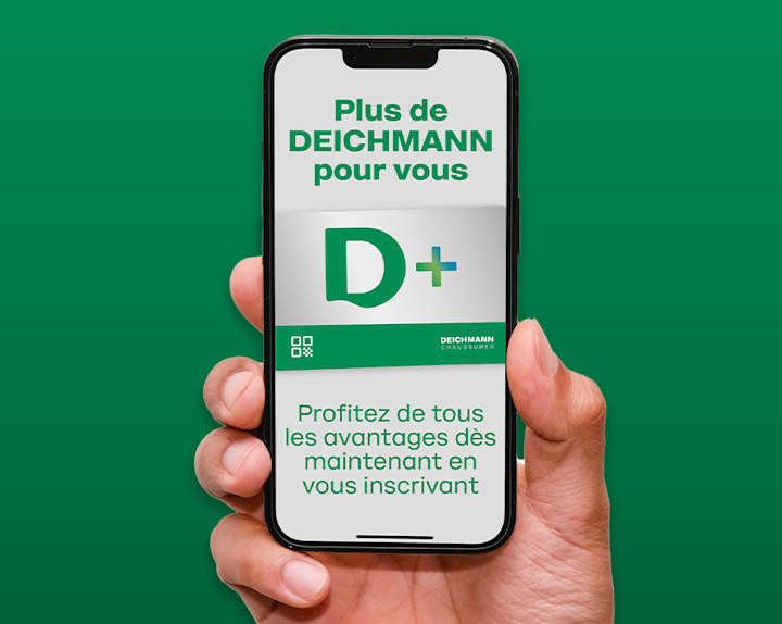 The images show a smartphones held in hand, displaying a Deichmann D+ membership screen and the Text :“Plus de DEICHMANN pour vous” and “Profitez de tous les avantages dès maintenant en vous inscrivant".
