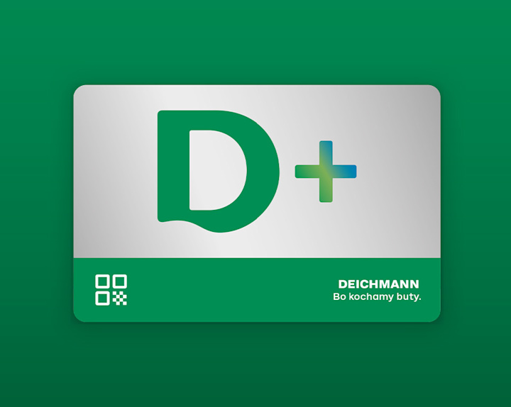 A rectangular card with a silver and green design on a green background, featuring the Deichmann Plus (D+) logo. The card includes a QR code icon and the brand name with slogan. The text reads: “D+ DEICHMANN Bo kochamy buty.”
