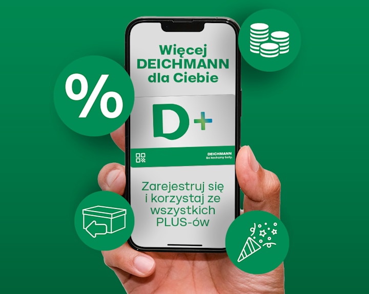 A hand holding a smartphone against a green background, displaying the Deichmann Plus (D+) programm. Surrounding the phone are green icons, a percentage sign, coins, a box, and a party popper. The text on the phone reads: “Więcej DEICHMANN dla Ciebie D+ Zarejestruj się i korzystaj z wszystkich korzyści.”