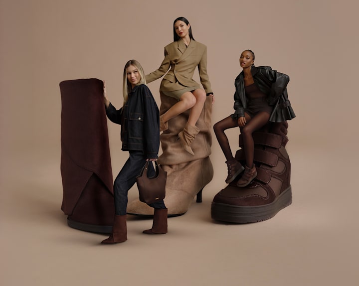 Three oversized brown and beige boots are displayed against a neutral beige background. Three fashion models pose around and on the shoes, wearing coordinated autumn-inspired outfits in shades of taupe, brown, and black. One model stands beside a slouchy beige heeled boot, another sits on a tall dark brown boot, and a third leans against a chunky brown strap boot. The image combines footwear and fashion styling in a clean studio setting.