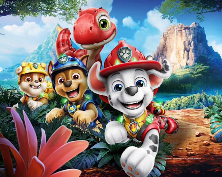 PAW Patrol pups with a baby dinosaur in a prehistoric jungle setting.