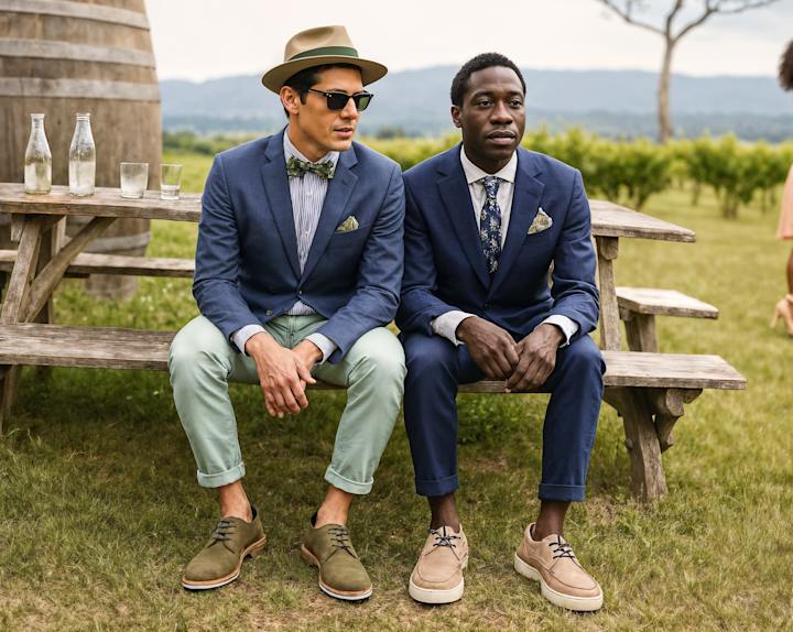 Two men in suits sitting on a bench at an outdoor party