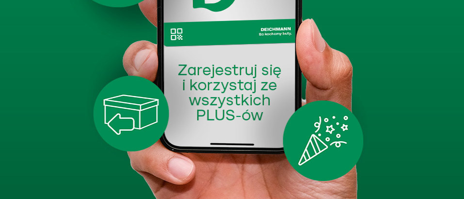 A hand holding a smartphone against a green background, displaying the Deichmann Plus (D+) programm. Surrounding the phone are green icons, a percentage sign, coins, a box, and a party popper. The text on the phone reads: “Więcej DEICHMANN dla Ciebie D+ Zarejestruj się i korzystaj z wszystkich korzyści.”