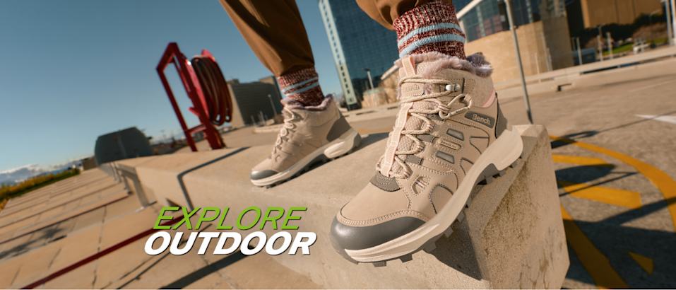 Explore Outdoor campaign image featuring a light hiking shoe on an urban ledge.