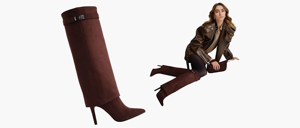 Brown knee-high suede boots with pointed toes and stiletto heels, shown both as a product image and styled in a fashion look.