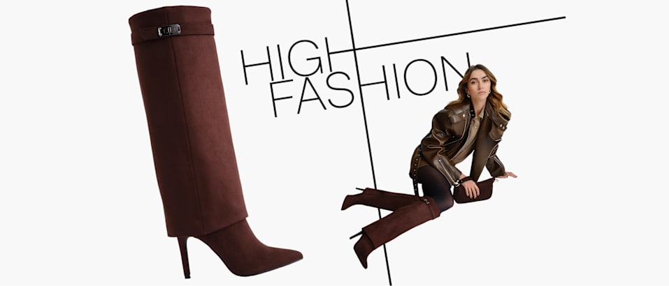 Fashion editorial image showcasing a brown suede knee-high heeled boot alongside a model wearing matching boots and a brown leather jacket, with “HIGH FASHION” text in the background.