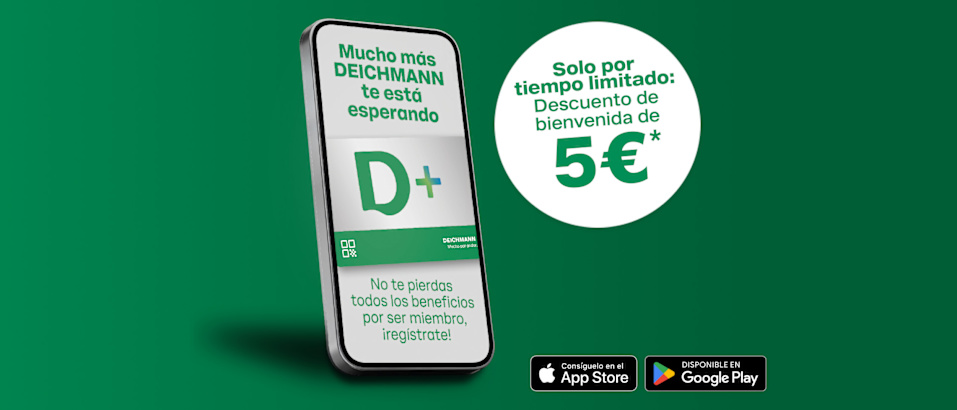 The image showing a phone screen with the D+ membership and a text bubble that says: " Solo por tiempo limitado: Descuento de bienvenida de 10€". The "is available on the App Store "and "Google Play" butttons are although visible.