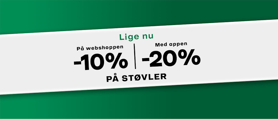 Et grønt banner med et hvidt skilt i midten hvor der står at du får 10% eller 20% på støvler