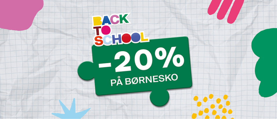 Et gråt banner med back to school logo og tekst -20% på børnesko
