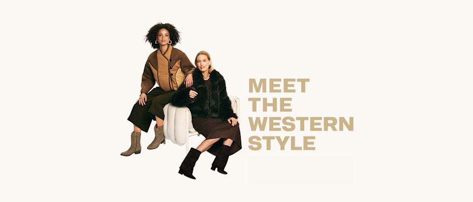 Two people posing in coordinated western-inspired outfits beside the text “Meet the Western Style”.