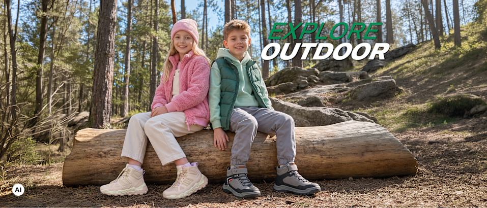 A boy and a girl wearing outdoor shoes, claim: explore outdoor