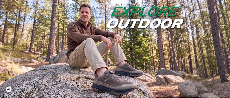 A man wearing outdoor shoes, claim: explore outdoor