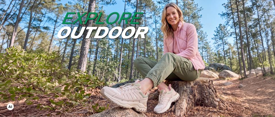 A woman wearing outdoor shoes, claim: explore outdoor