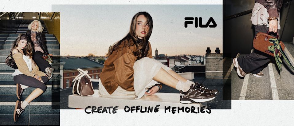 FILA fashion campaign with rooftop and staircase photography. Brown FILA sneakers with a chunky silhouette and layered detailing are highlighted alongside matching bags.