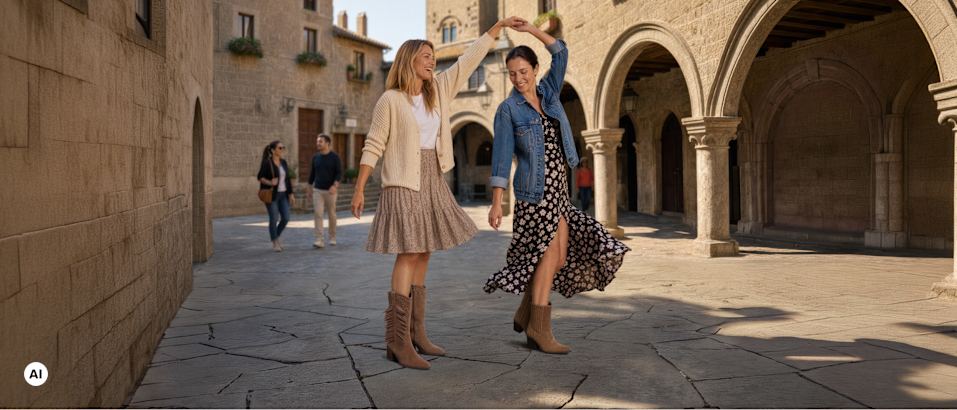 Two people wearing casual autumn outfits are standing in a historic stone town square with arched buildings in the background. One person wears a light cardigan, pleated skirt, and brown western-style boots, while the other wears a floral midi dress, a denim jacket, and brown ankle boots. The two people are holding hands overhead in a twirling pose, showcasing the fashion styling. Several pedestrians and traditional architecture are visible in the background under warm daylight.