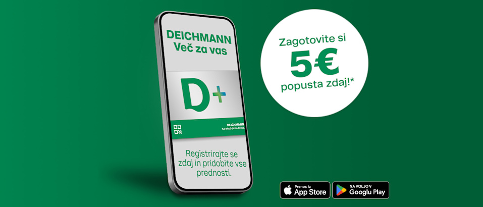 Mobile phone and DPLUS card and an app store and playstore icon, bubble: Zagotovite si 5€ popusta zdaj!*