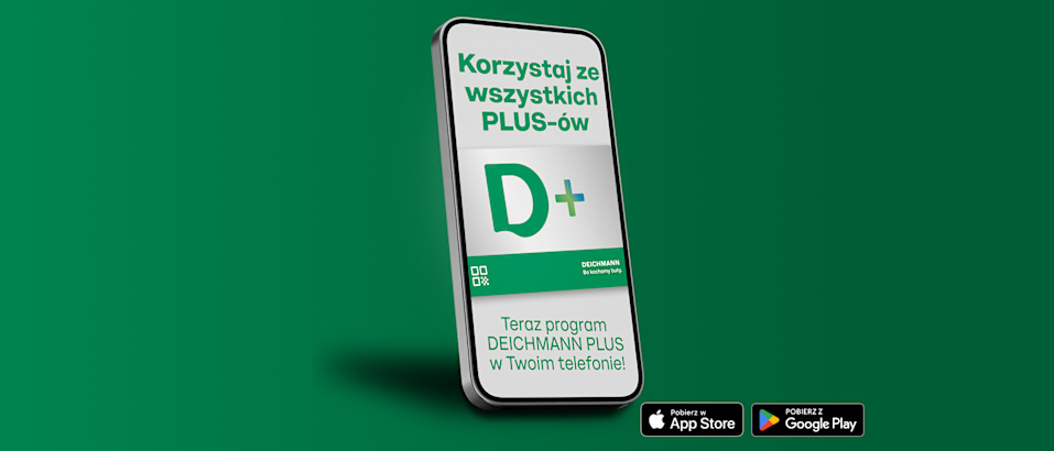A smartphone on a green background, displaying the Deichmann Plus (D+) program screen. Below the the Text "Korzy­staj ze wszyst­kich plusów!, Teraz program DEICHMANN PLUS w Twoim telefonie!" is displayed.
