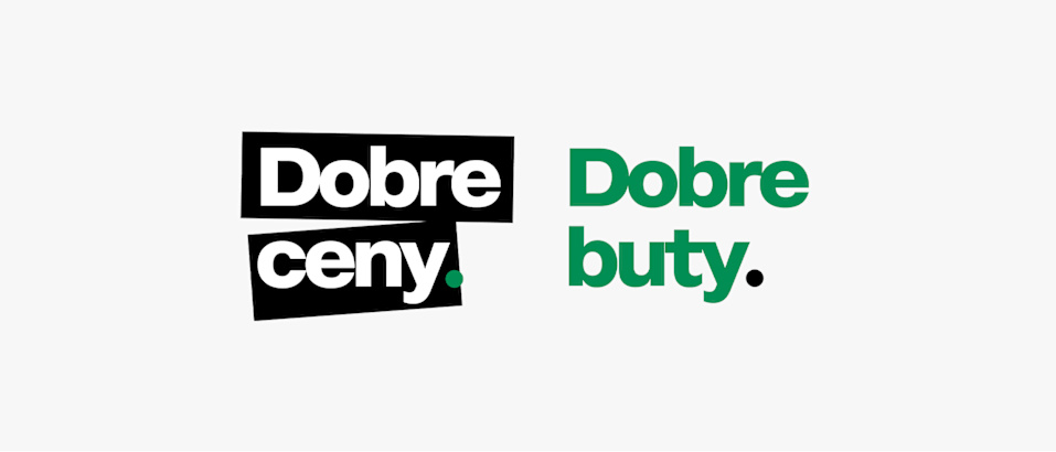 The text says “Dobre ceny. Dobre buty.” It appears on a white background with the first phrase in bold white letters inside a black text box, and the second phrase in green letters on the white background.