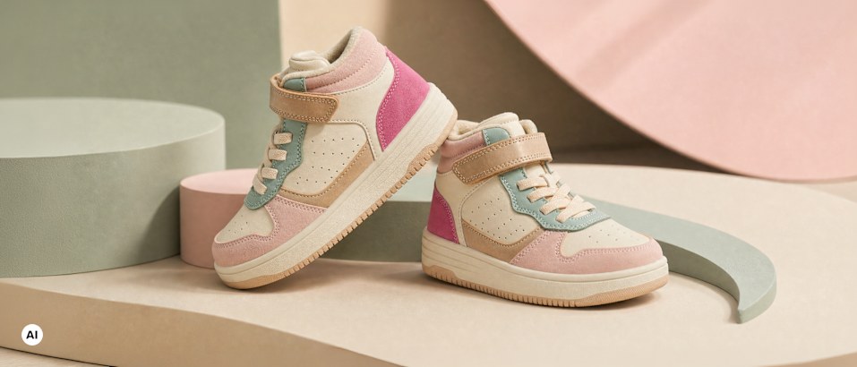 mid cut sneaker kids on a colorful podest