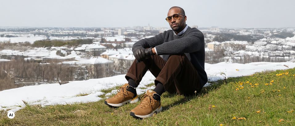 A men with sunglasses sits on a winterly meadow
